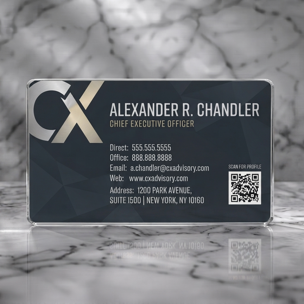 Clear plastic business card featuring sleek dark grey geometric design with metallic logo, crisp sans-serif typography, and QR code