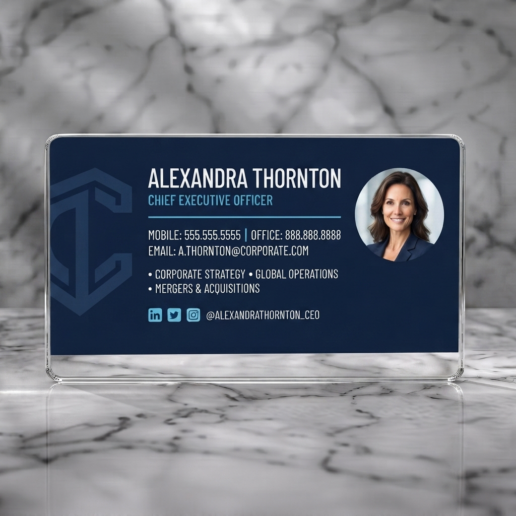 Clear plastic business card featuring professional navy design, white/blue typography, geometric logo, circular headshot, and social icons