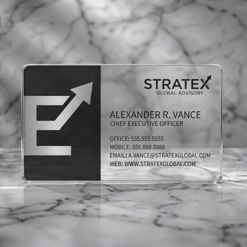 Clear plastic business card featuring modern black and white layout, sans-serif fonts, and a striking metallic growth logo