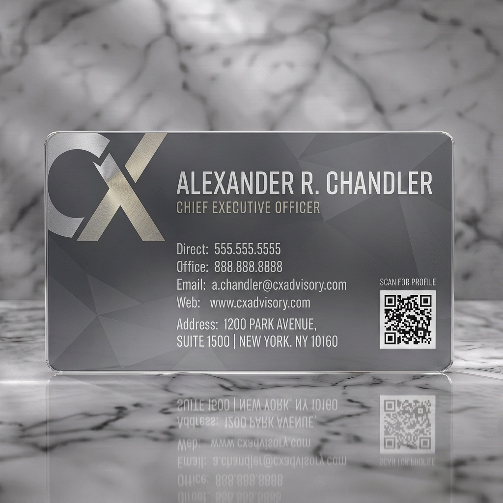 Frosted translucent plastic business card featuring sleek dark grey geometric design with metallic logo, crisp sans-serif typography, and QR code