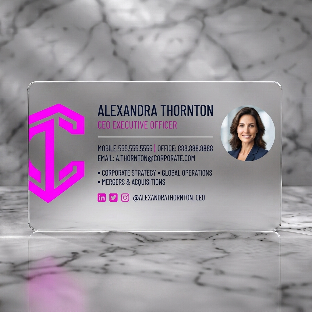 Frosted translucent plastic business card featuring professional navy design, white/blue typography, geometric logo, circular headshot, and social icons