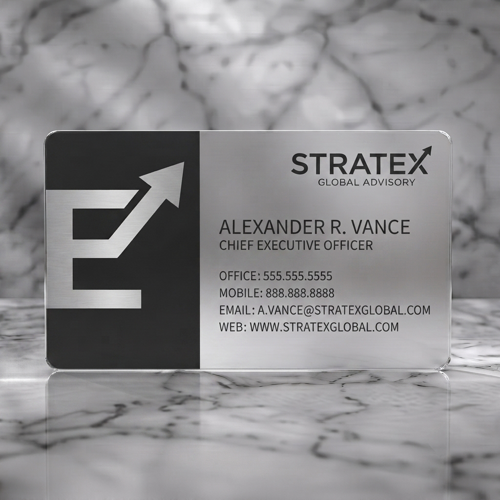 Frosted translucent plastic business card featuring modern black and white layout, sans-serif fonts, and a striking metallic growth logo