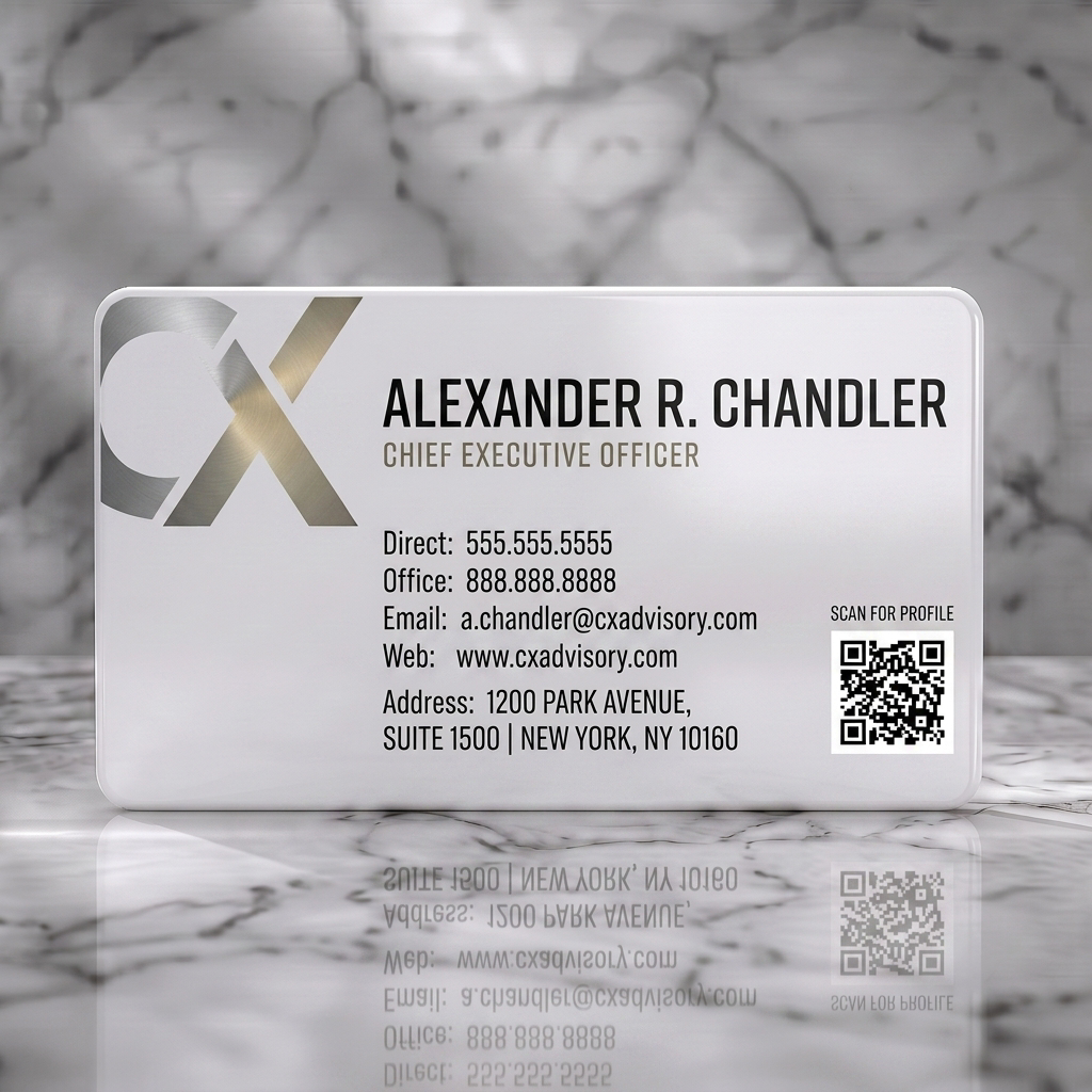 Solid white PVC business card featuring sleek dark grey geometric design with metallic logo, crisp sans-serif typography, and QR code