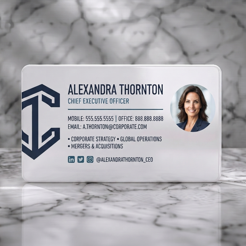 Solid white PVC business card featuring professional navy design, white/blue typography, geometric logo, circular headshot, and social icons