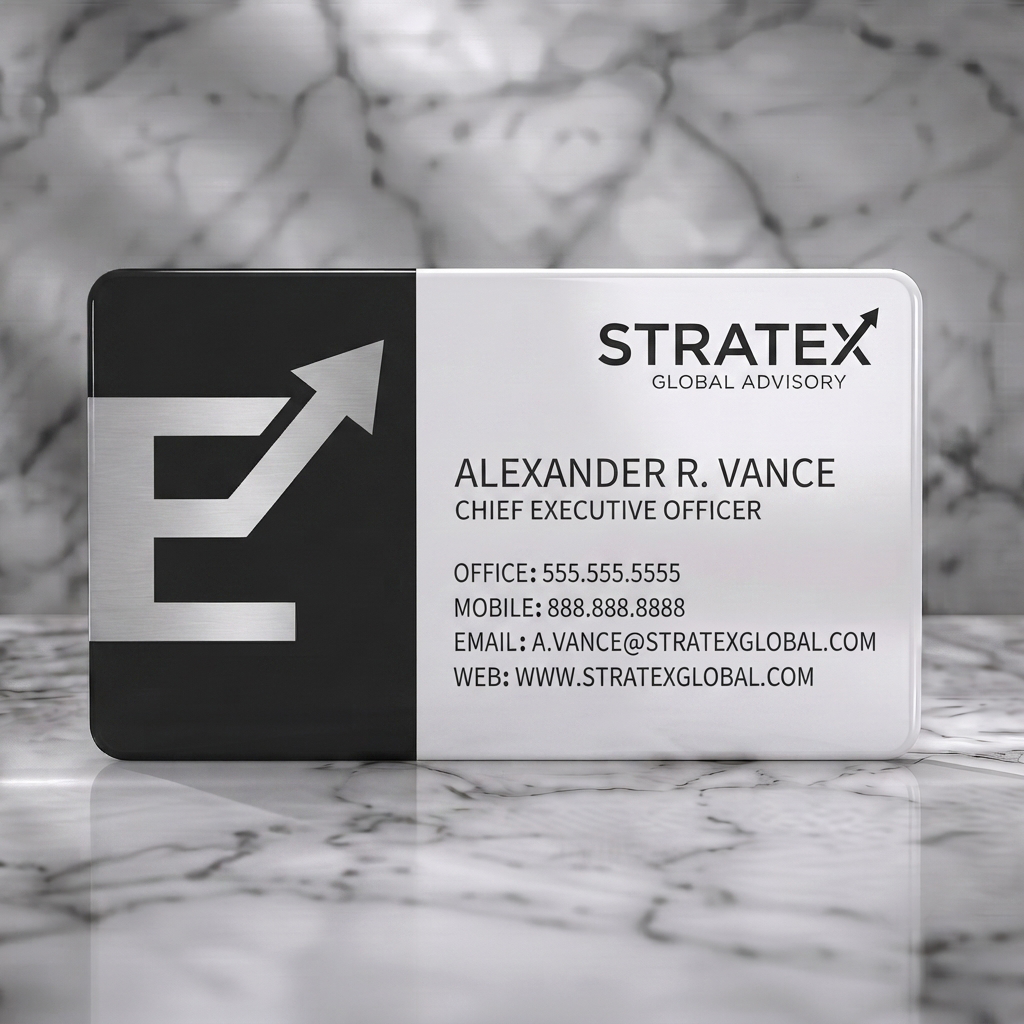 Solid white PVC business card featuring modern black and white layout, sans-serif fonts, and a striking metallic growth logo