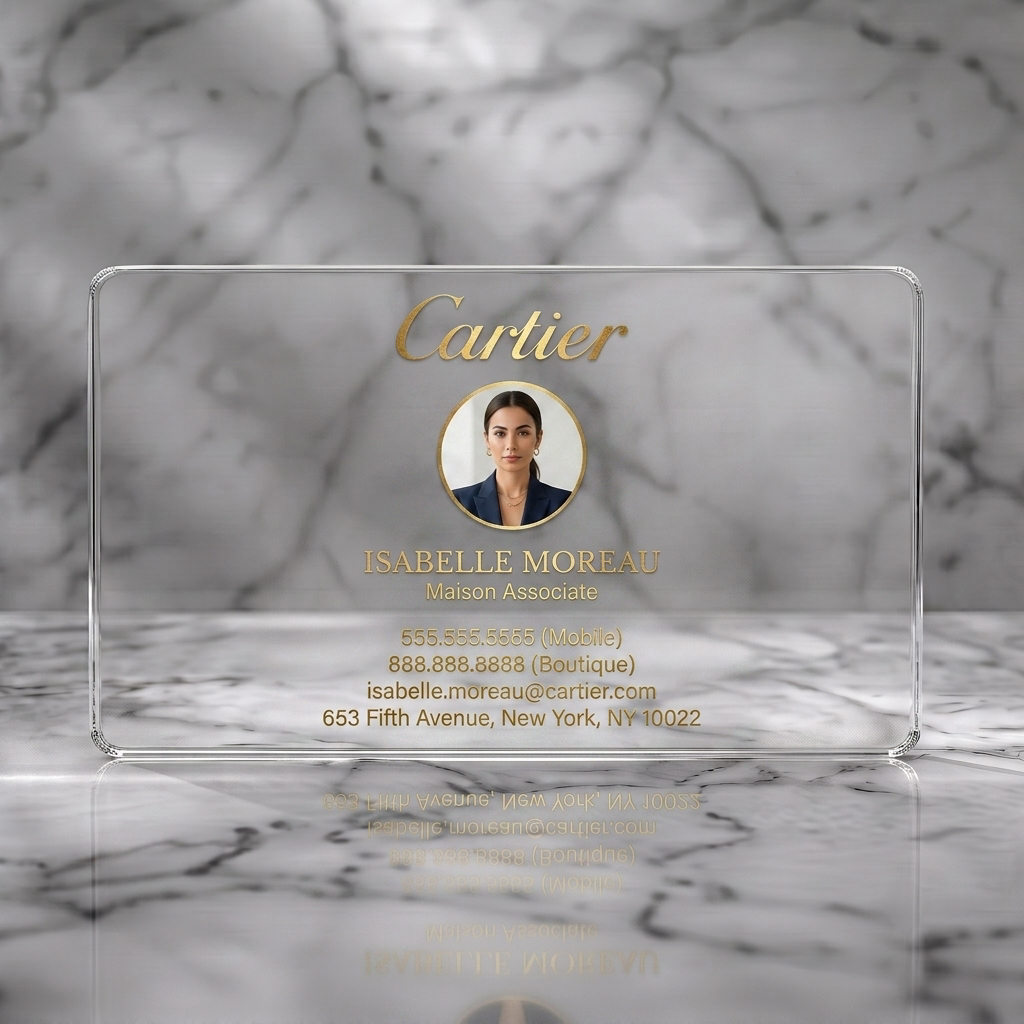 Clear plastic business card featuring elegant gold typography, script logo, professional photo, and clean layout for luxury brands