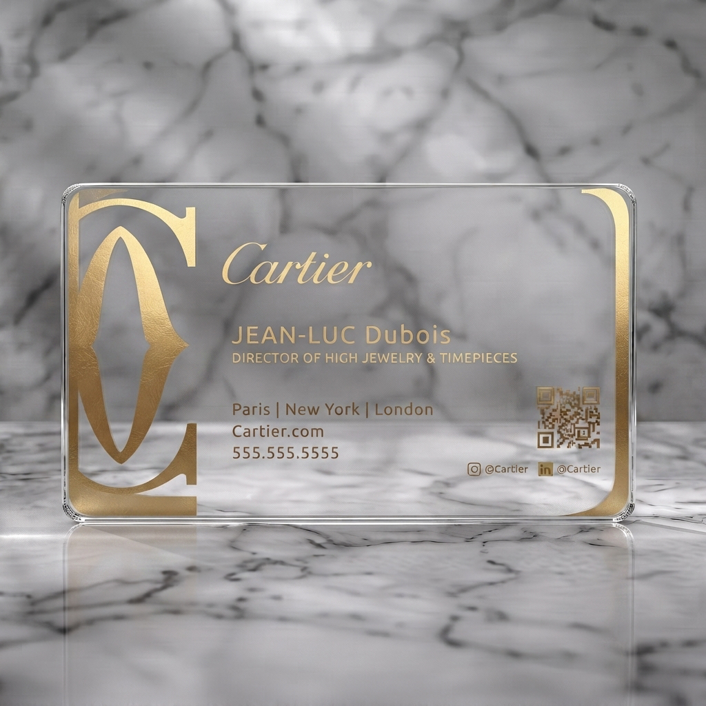 Clear plastic business card featuring a luxurious deep red and gold design, elegant typography, iconic C logo, and QR code