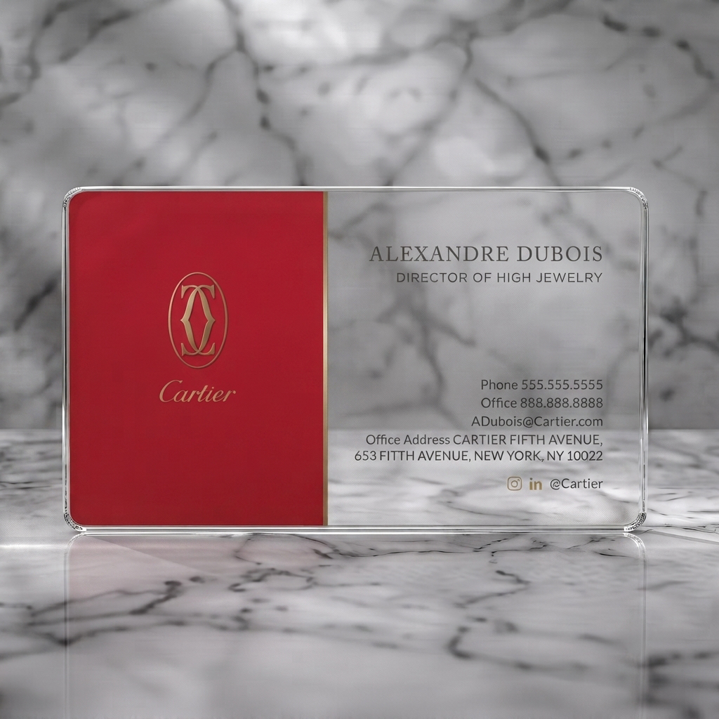 Clear plastic business card featuring luxurious two-tone design, red and gold branding, elegant serif typography, subtle social icons
