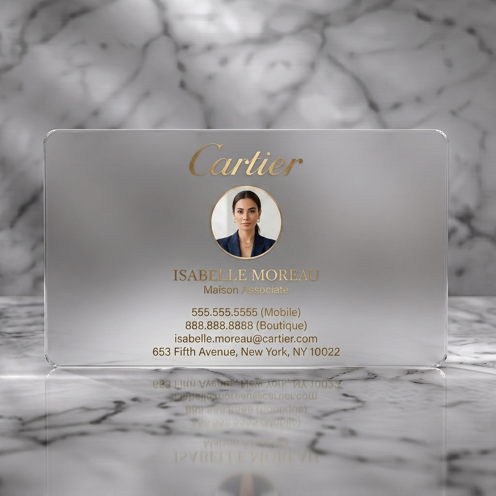 Frosted translucent plastic business card featuring elegant gold typography, script logo, professional photo, and clean layout for luxury brands