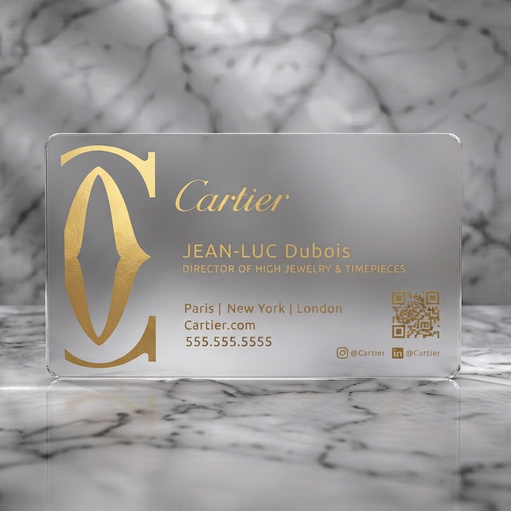 Frosted translucent plastic business card featuring a luxurious deep red and gold design, elegant typography, iconic C logo, and QR code