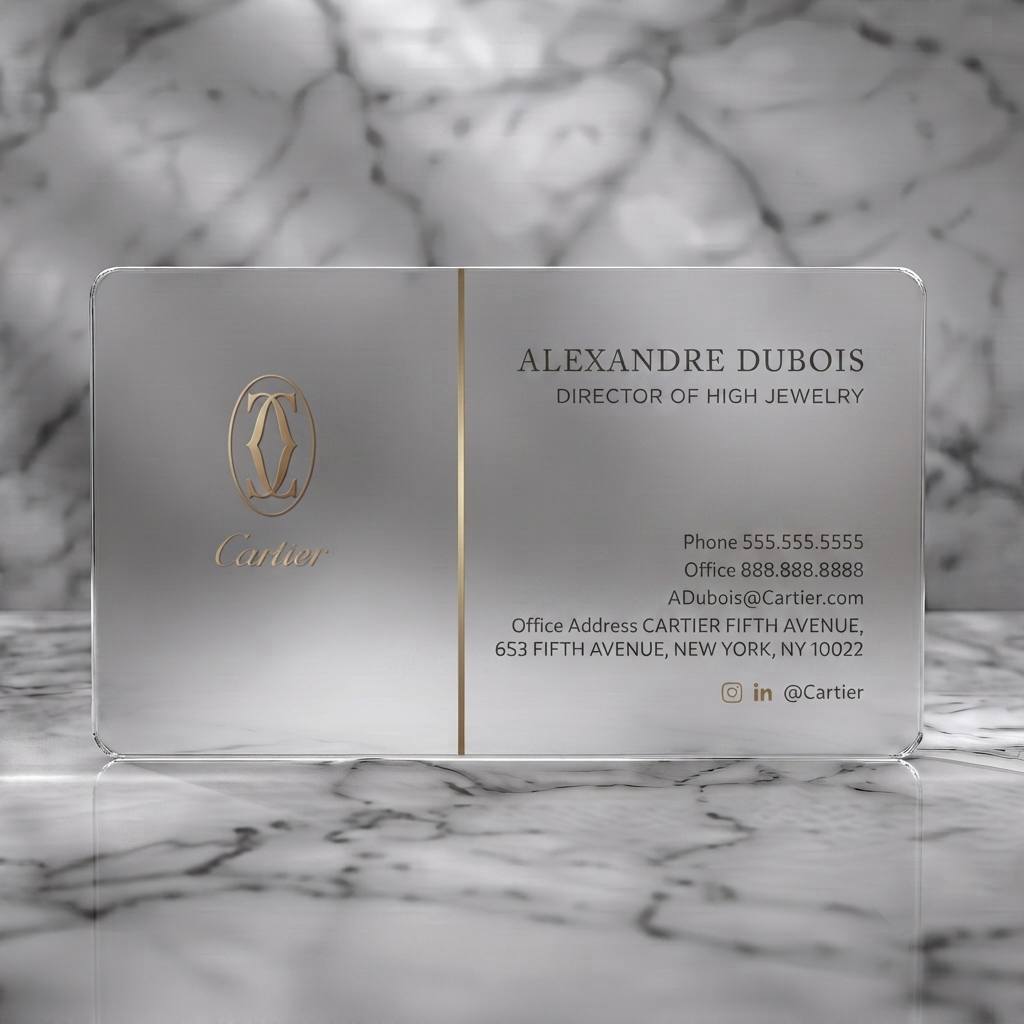 Frosted translucent plastic business card featuring luxurious two-tone design, red and gold branding, elegant serif typography, subtle social icons