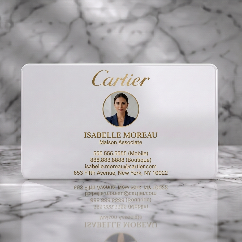 Solid white PVC business card featuring elegant gold typography, script logo, professional photo, and clean layout for luxury brands
