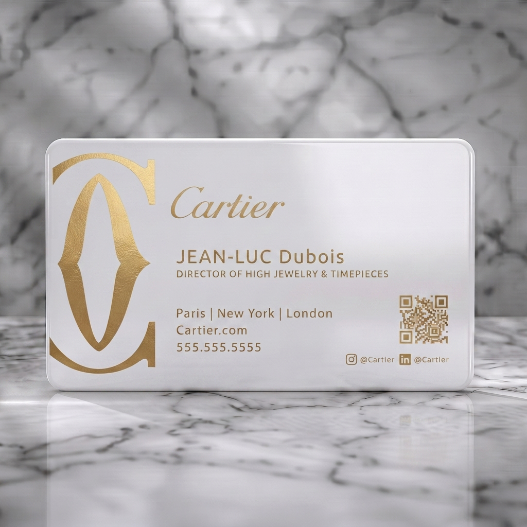 Solid white PVC business card featuring a luxurious deep red and gold design, elegant typography, iconic C logo, and QR code