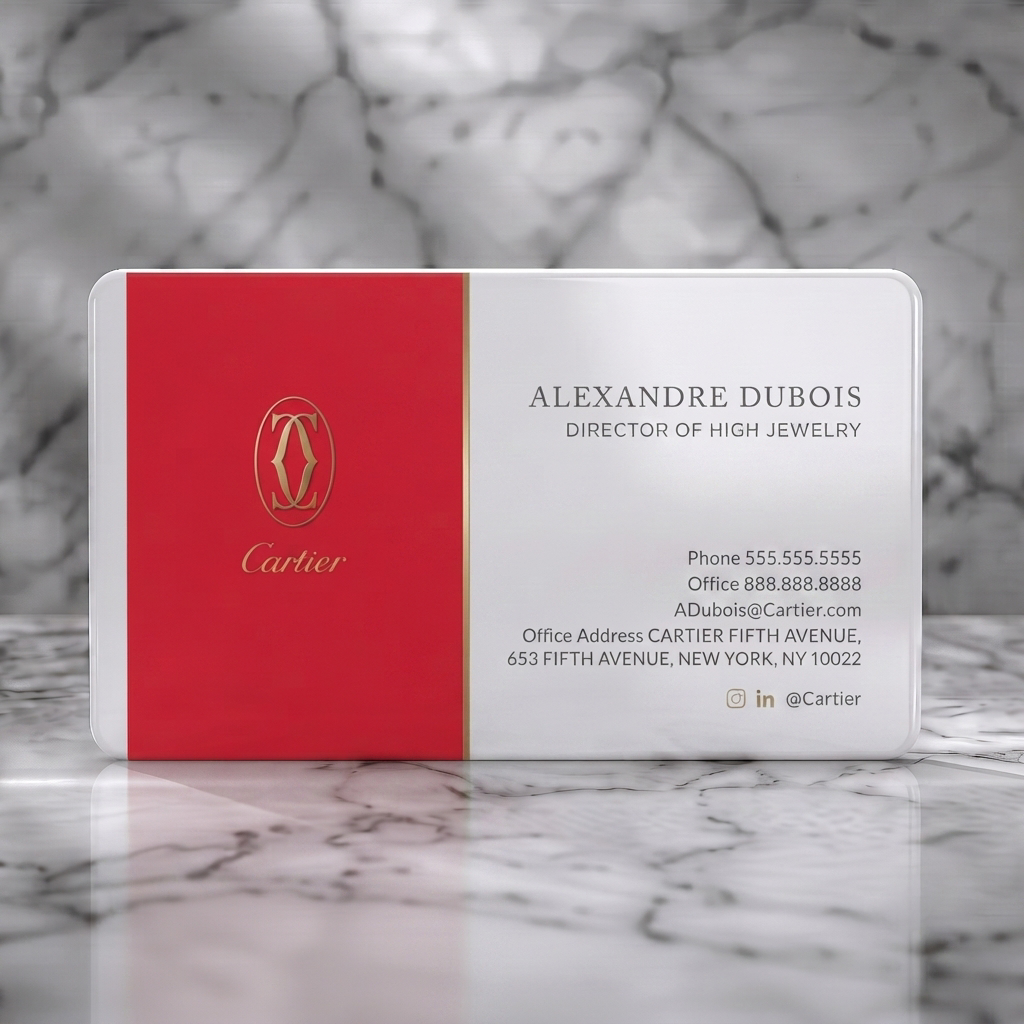 Solid white PVC business card featuring luxurious two-tone design, red and gold branding, elegant serif typography, subtle social icons