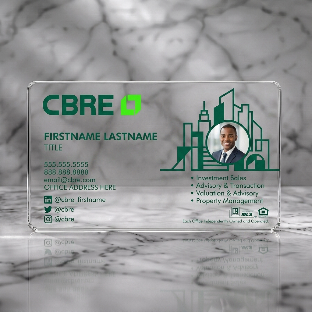 Clear plastic business card featuring modern design with white sans-serif text, outline architectural graphics, a professional headshot, and brand icons