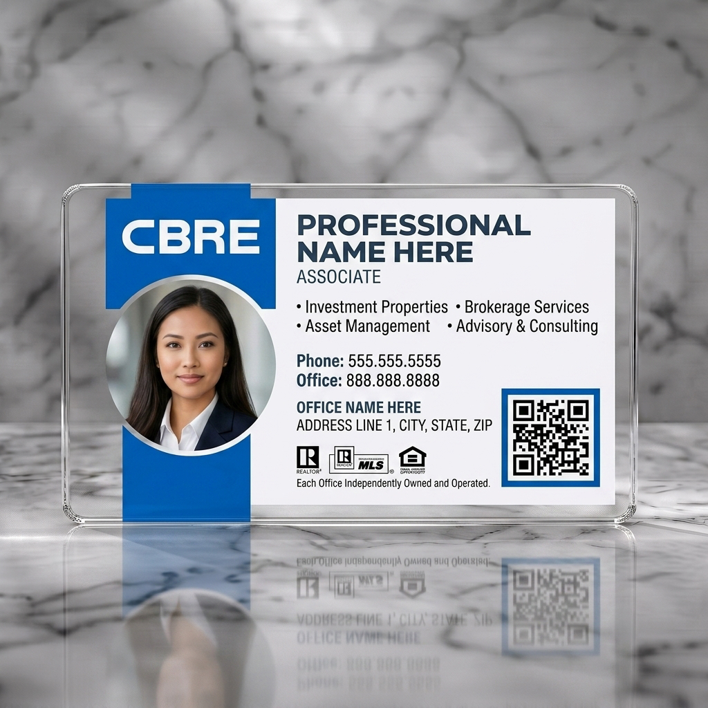 Clear plastic business card featuring modern CBRE blue and white layout with professional photo, sans-serif text, industry icons, and QR code