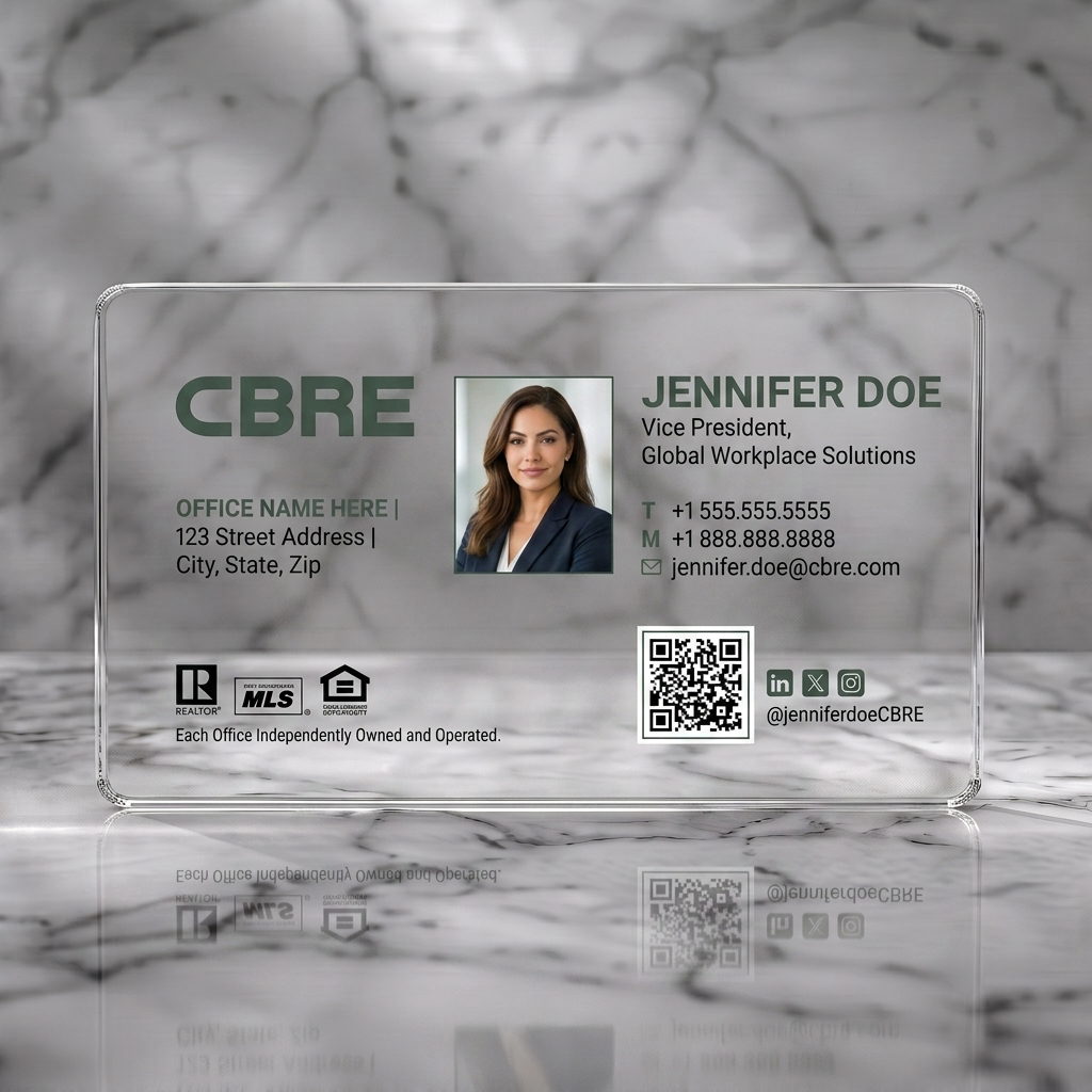 Clear plastic business card featuring modern, professional design with dark teal branding, sans-serif typography, a photo, and social/QR icons