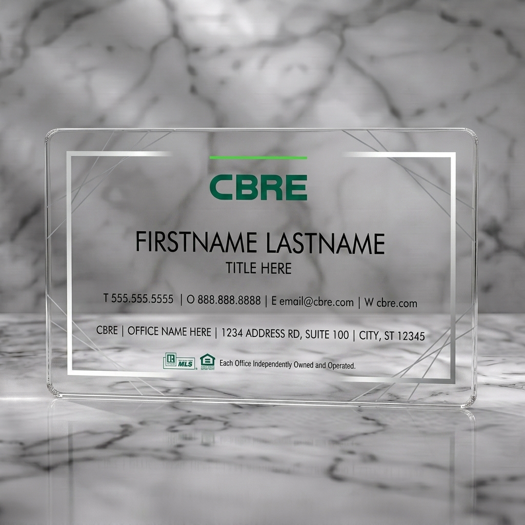Clear plastic business card featuring modern, clean design with deep green branding, subtle geometric lines, sans-serif text, and real estate icons