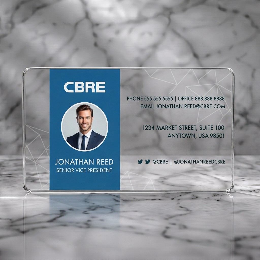 Clear plastic business card featuring modern blue and white design, clean sans-serif typography, circular photo, and subtle geometric pattern