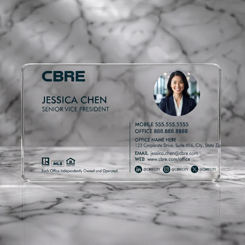 Clear plastic business card featuring professional layout, blue branding accents, sans-serif typography, social and real estate icons