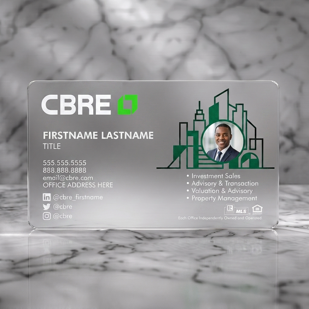 Frosted translucent plastic business card featuring modern design with white sans-serif text, outline architectural graphics, a professional headshot, and brand icons