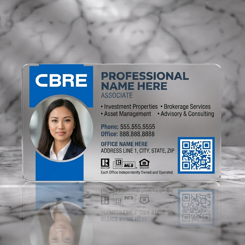 Frosted translucent plastic business card featuring modern CBRE blue and white layout with professional photo, sans-serif text, industry icons, and QR code