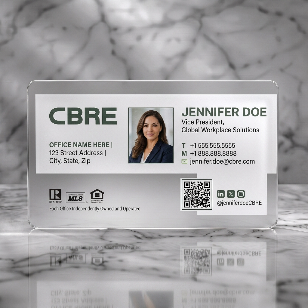 Frosted translucent plastic business card featuring modern, professional design with dark teal branding, sans-serif typography, a photo, and social/QR icons