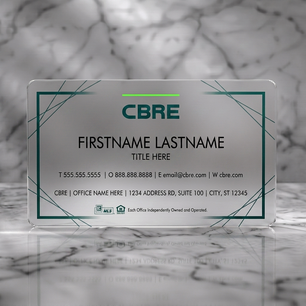 Frosted translucent plastic business card featuring modern, clean design with deep green branding, subtle geometric lines, sans-serif text, and real estate icons