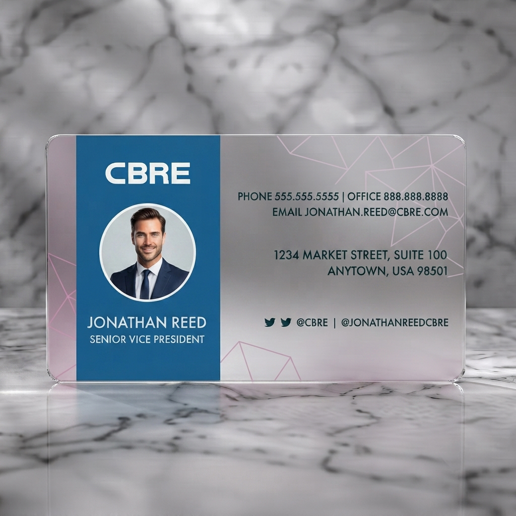 Frosted translucent plastic business card featuring modern blue and white design, clean sans-serif typography, circular photo, and subtle geometric pattern