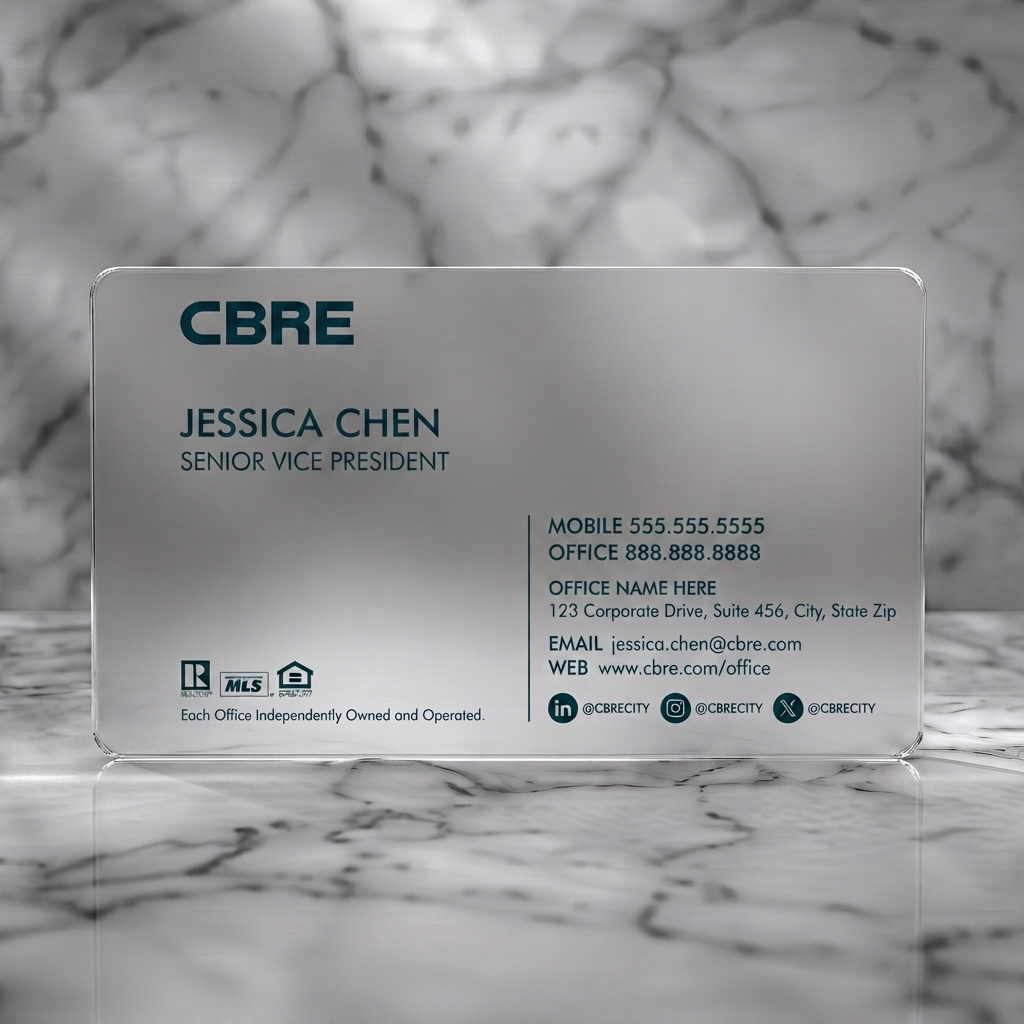 Frosted translucent plastic business card featuring professional layout, blue branding accents, sans-serif typography, social and real estate icons