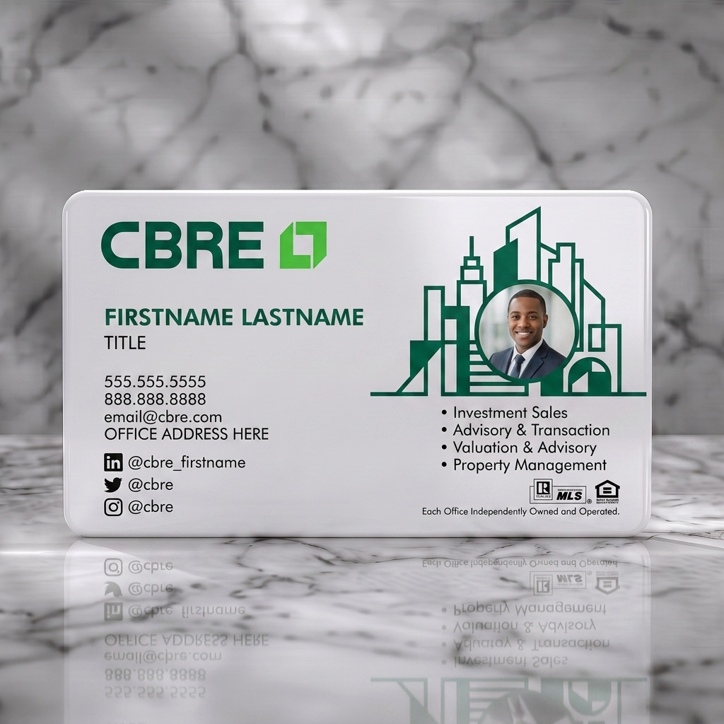 Solid white PVC business card featuring modern design with white sans-serif text, outline architectural graphics, a professional headshot, and brand icons