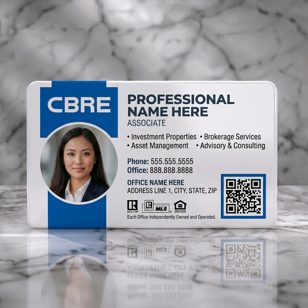 Solid white PVC business card featuring modern CBRE blue and white layout with professional photo, sans-serif text, industry icons, and QR code