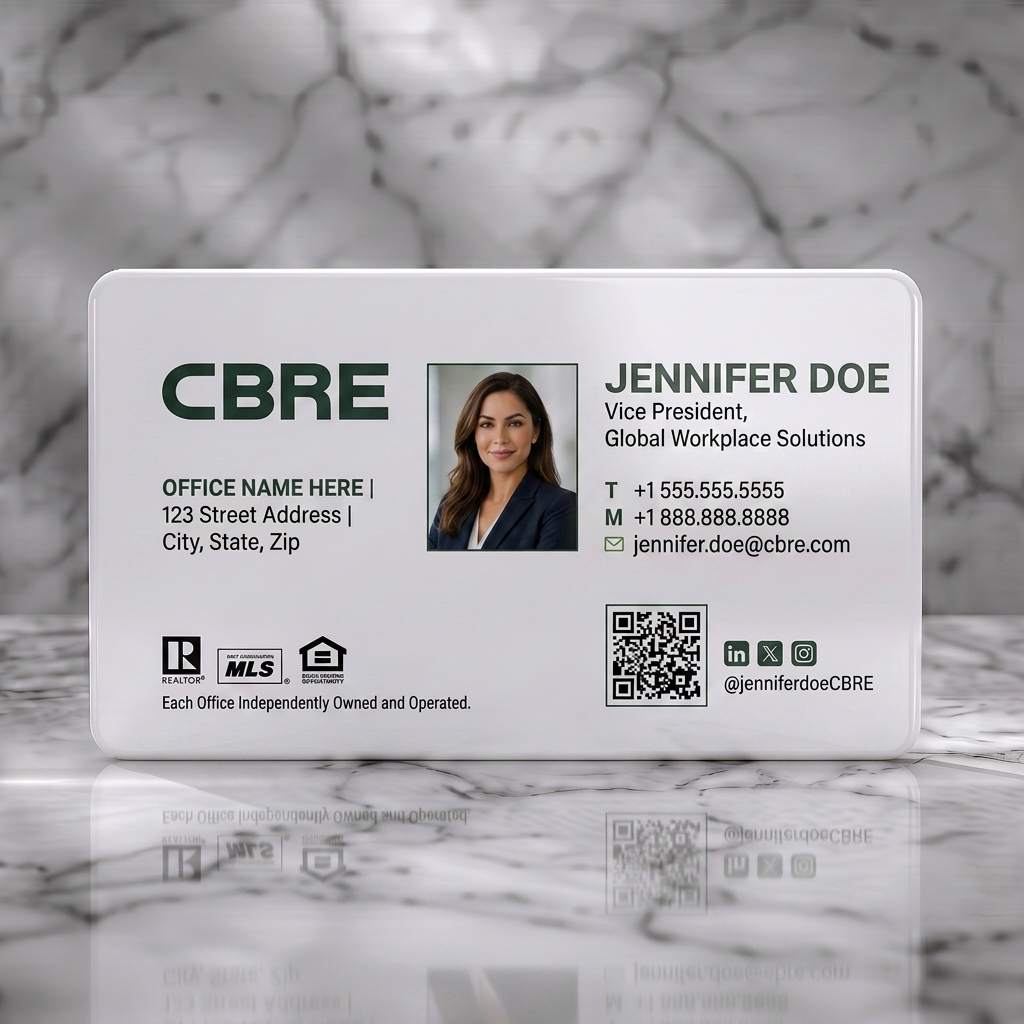 Solid white PVC business card featuring modern, professional design with dark teal branding, sans-serif typography, a photo, and social/QR icons