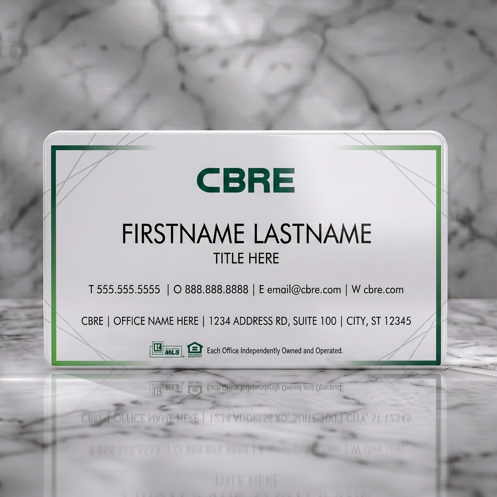 Solid white PVC business card featuring modern, clean design with deep green branding, subtle geometric lines, sans-serif text, and real estate icons