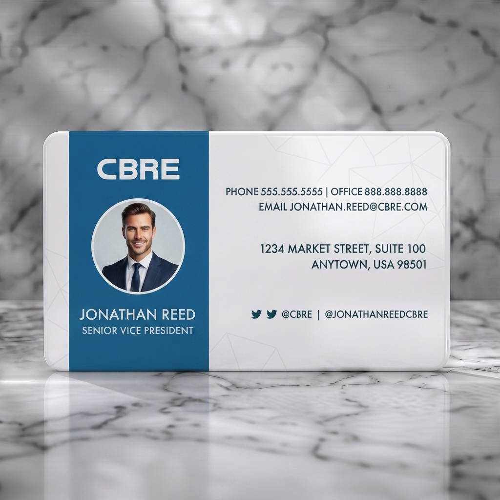 Solid white PVC business card featuring modern blue and white design, clean sans-serif typography, circular photo, and subtle geometric pattern