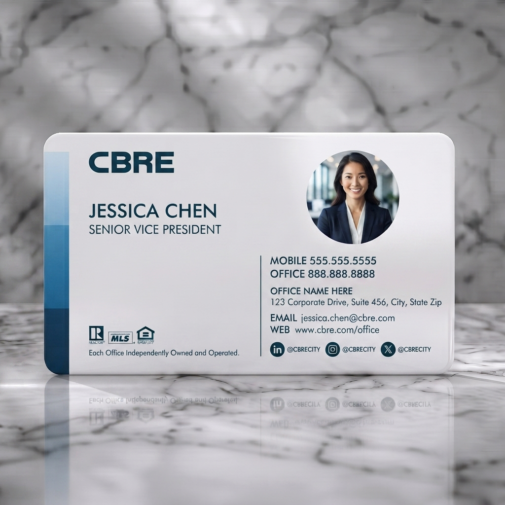 Solid white PVC business card featuring professional layout, blue branding accents, sans-serif typography, social and real estate icons