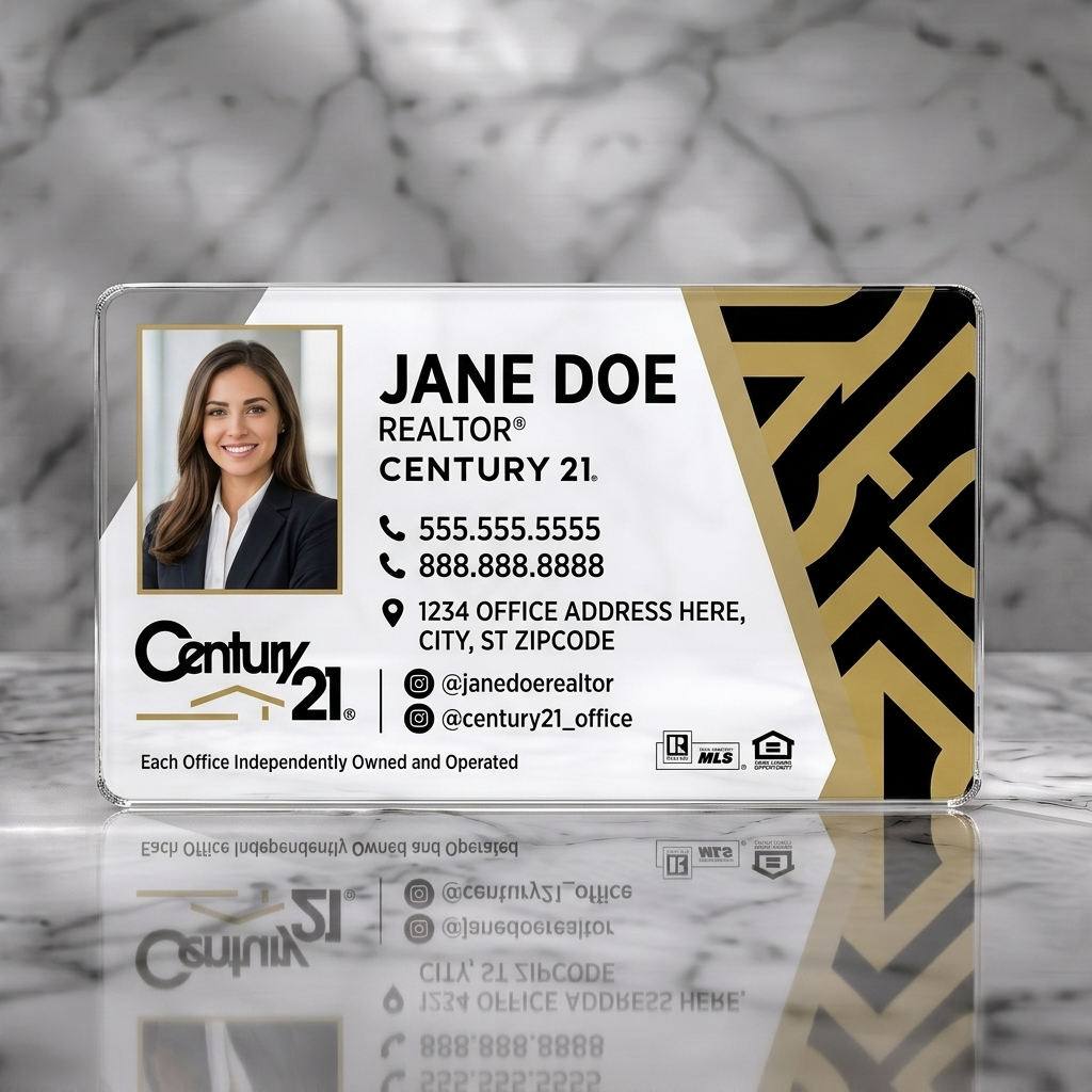 Clear plastic business card featuring professional headshot, elegant gold pattern, black and white branding, modern sans-serif typography