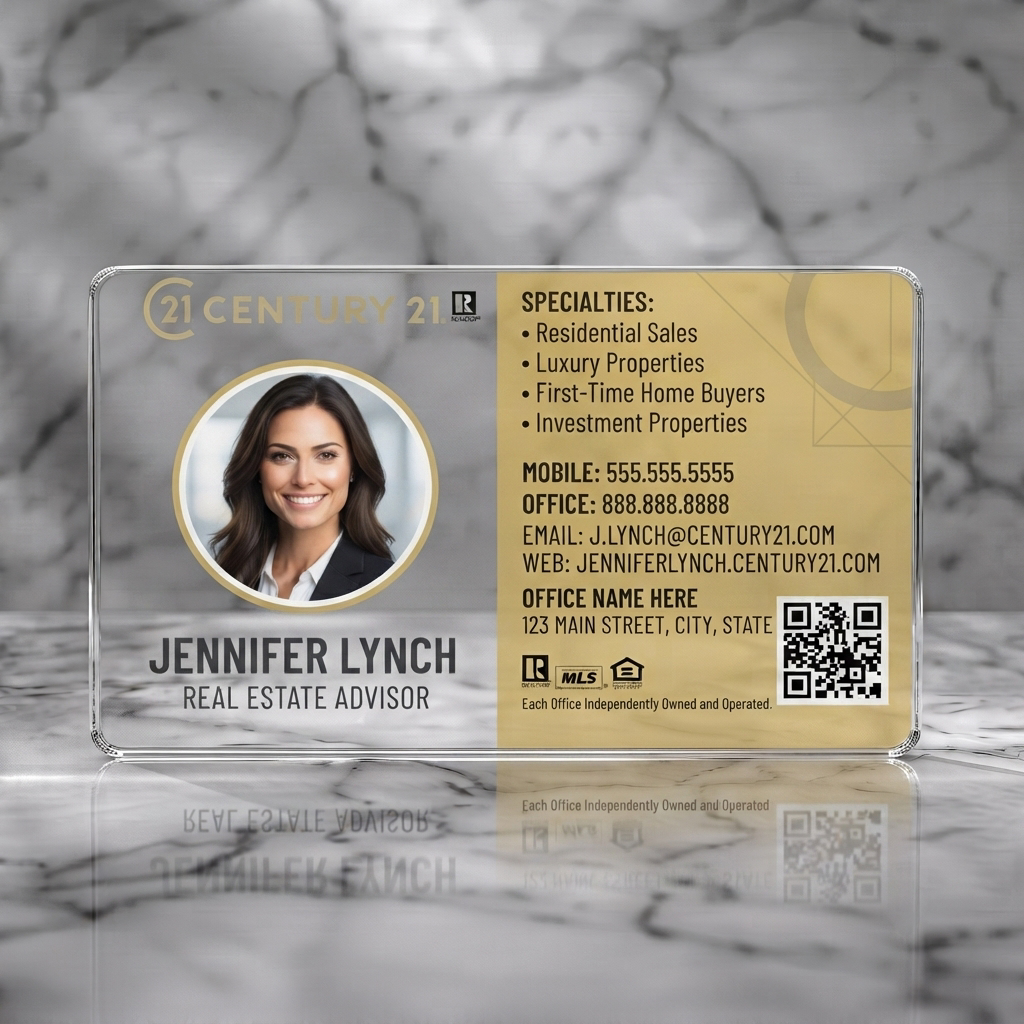 Clear plastic business card featuring a modern, split-panel Century 21 design with a photo, gold accents, sans-serif fonts, and industry icons