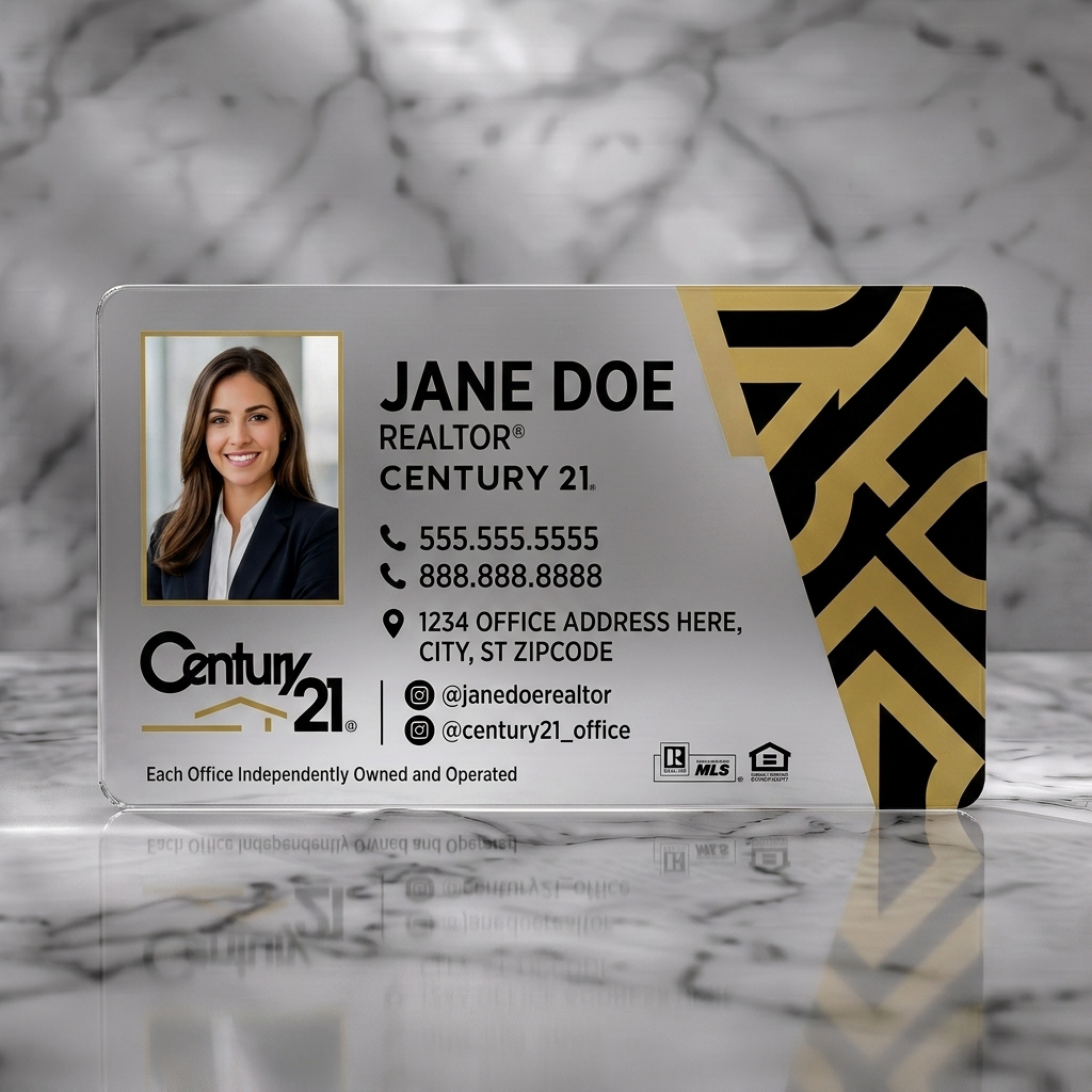 Frosted translucent plastic business card featuring professional headshot, elegant gold pattern, black and white branding, modern sans-serif typography