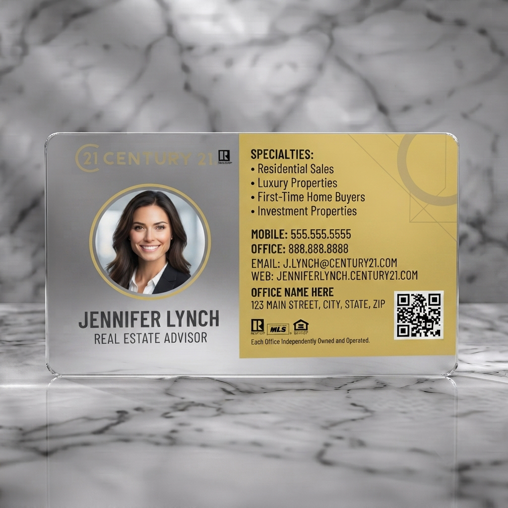 Frosted translucent plastic business card featuring a modern, split-panel Century 21 design with a photo, gold accents, sans-serif fonts, and industry icons