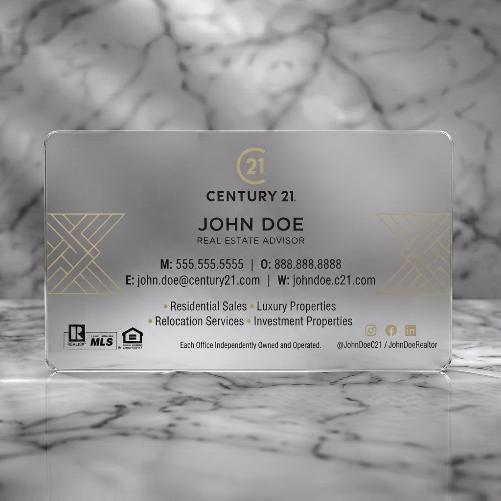 Frosted translucent plastic business card featuring modern, minimalist design with gold geometric accents, black text, and essential real estate branding