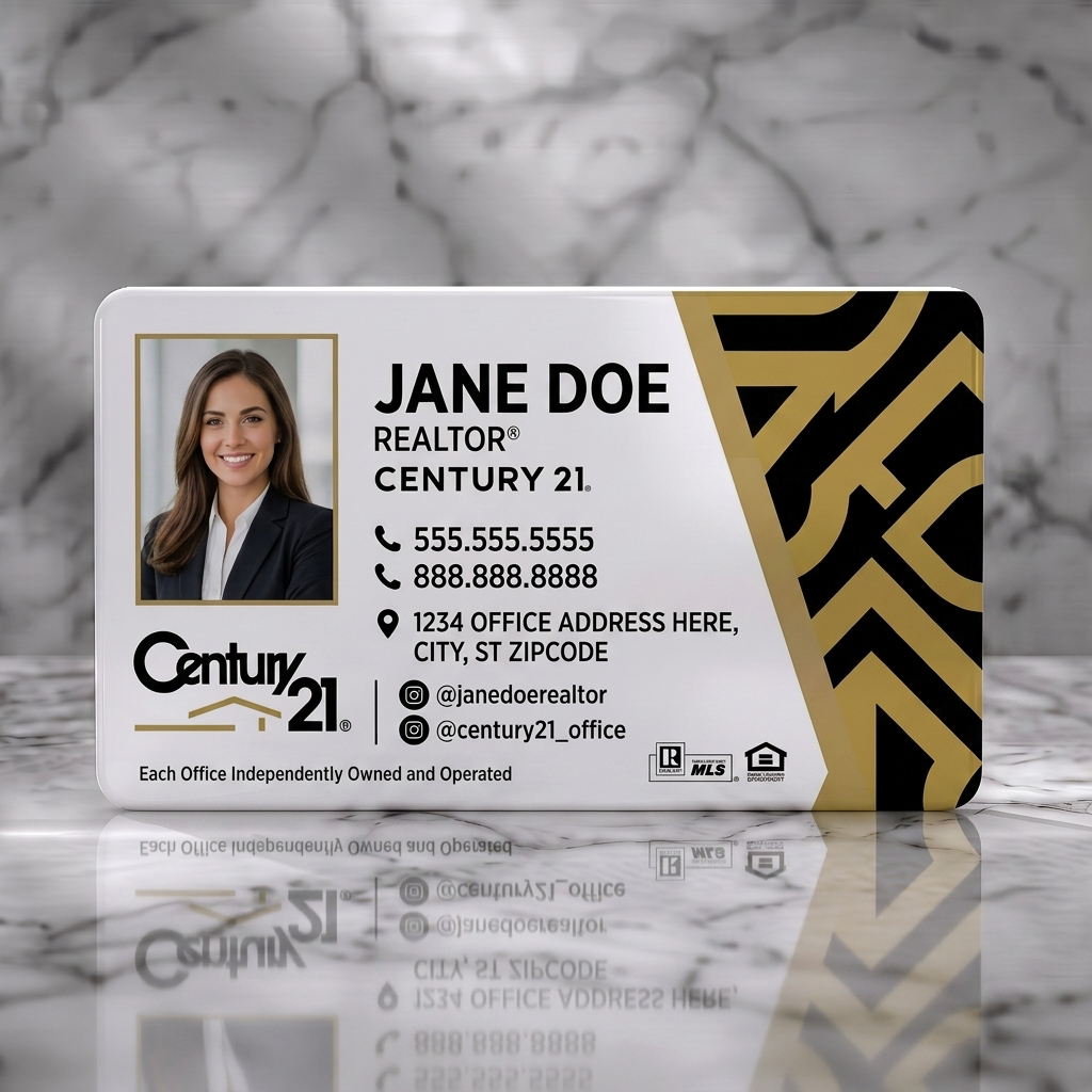 Solid white PVC business card featuring professional headshot, elegant gold pattern, black and white branding, modern sans-serif typography