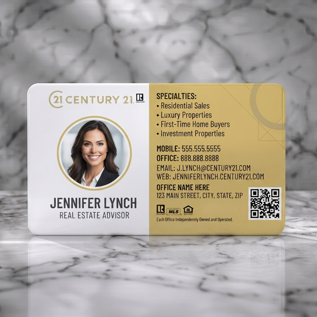 Solid white PVC business card featuring a modern, split-panel Century 21 design with a photo, gold accents, sans-serif fonts, and industry icons