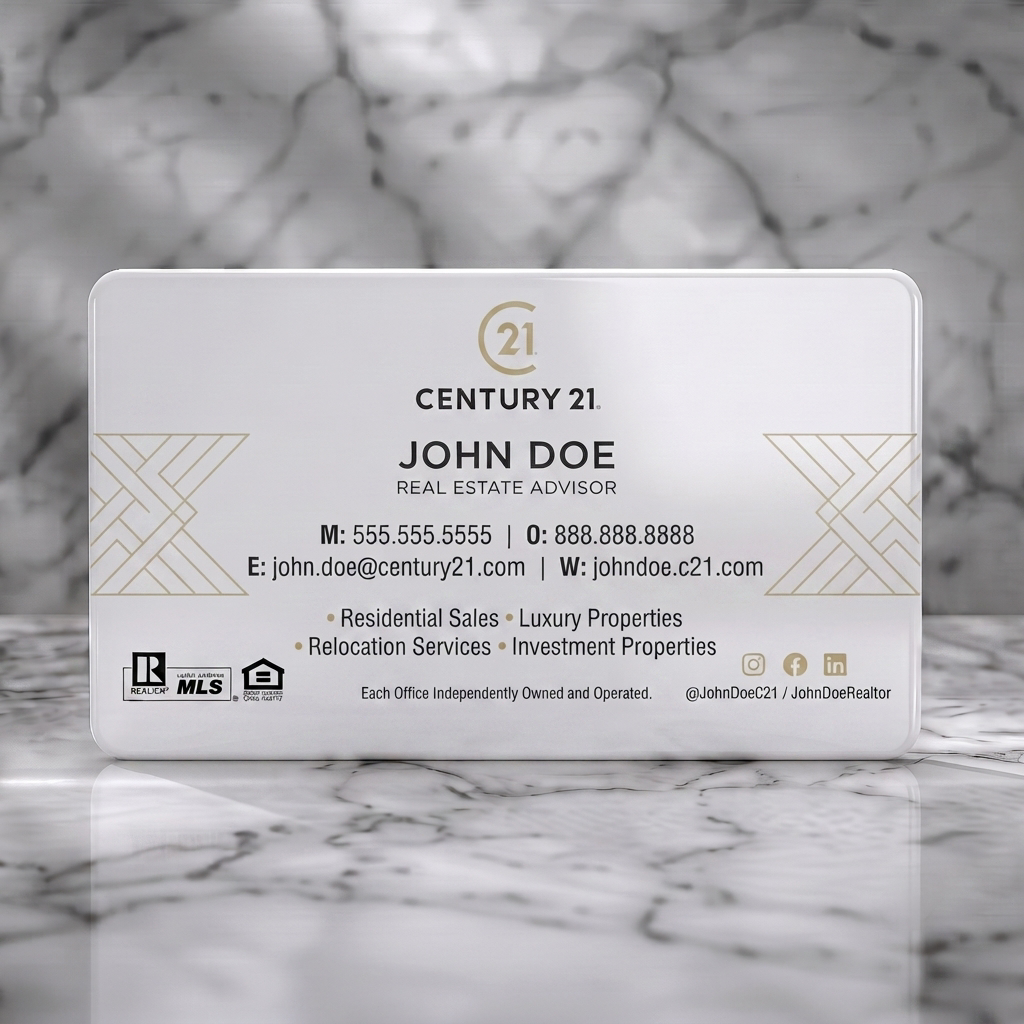 Solid white PVC business card featuring modern, minimalist design with gold geometric accents, black text, and essential real estate branding