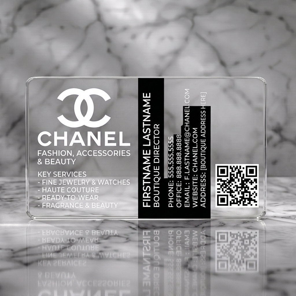 Clear plastic business card featuring iconic Chanel C's logo, modern white sans-serif typography, and a black split design with QR code