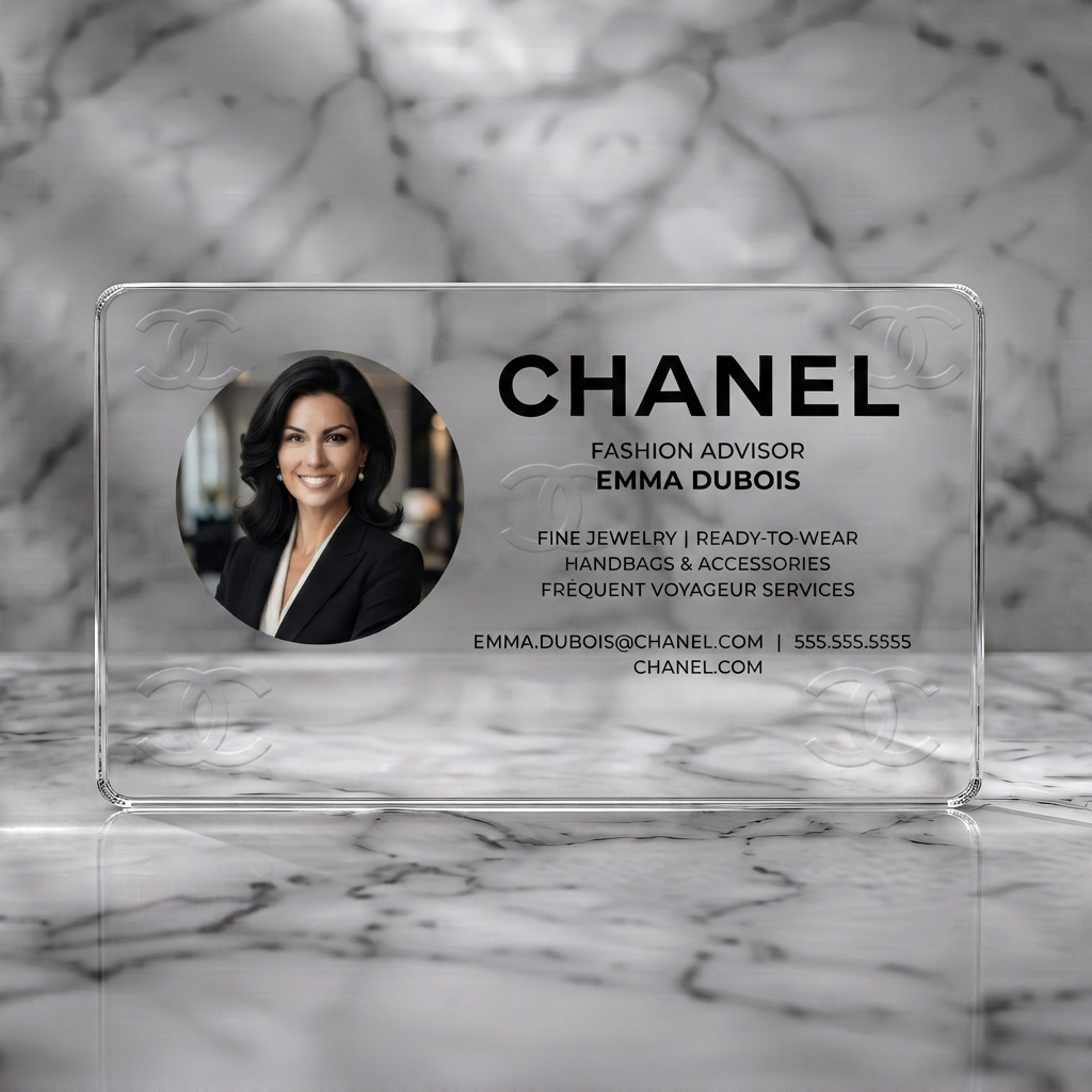 Clear plastic business card featuring luxurious black & white design with professional photo, sans-serif typography, and subtle Chanel logos