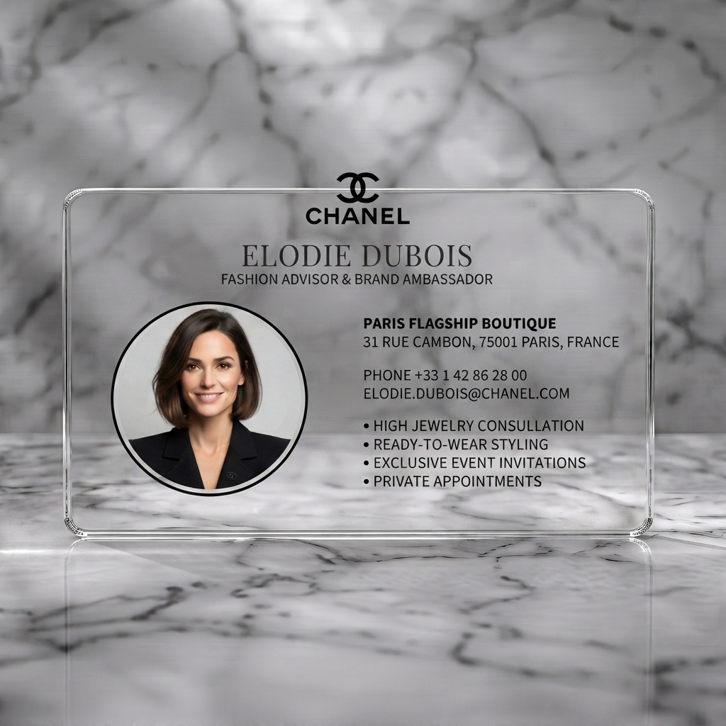 Clear plastic business card featuring elegant, minimalist black and grey design, featuring the Chanel logo, varied typography, and a circular headshot