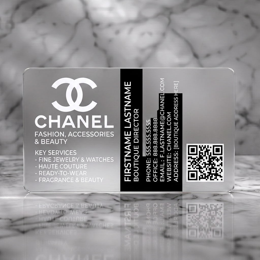 Frosted translucent plastic business card featuring iconic Chanel C's logo, modern white sans-serif typography, and a black split design with QR code
