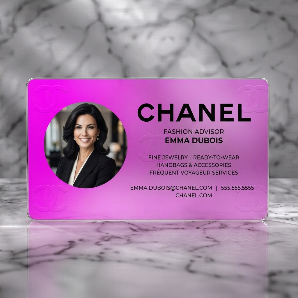 Frosted translucent plastic business card featuring luxurious black & white design with professional photo, sans-serif typography, and subtle Chanel logos