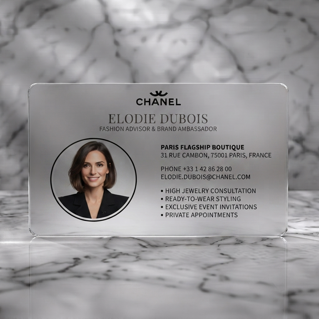 Frosted translucent plastic business card featuring elegant, minimalist black and grey design, featuring the Chanel logo, varied typography, and a circular headshot